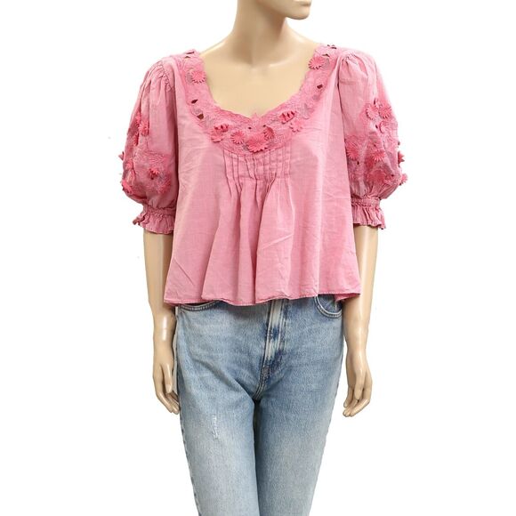 Free People Sophie Embroidered Blouse Top Cotton Puff Sleeve Lace M NEW 282628 - Picture 1 of 4